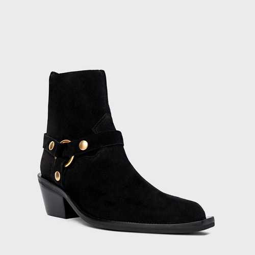 Bota Western Ring Salto Bloco Couro Suede Preto