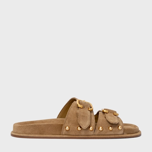 Flat Papete Birken Statement Studs Couro Suede Bege Almond