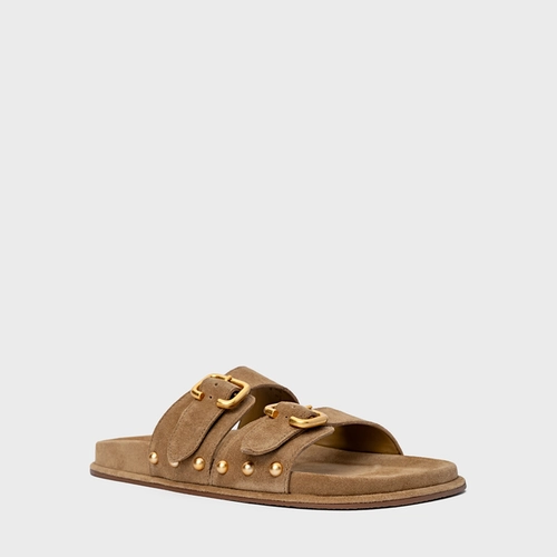 Flat Papete Birken Statement Studs Couro Suede Bege Almond