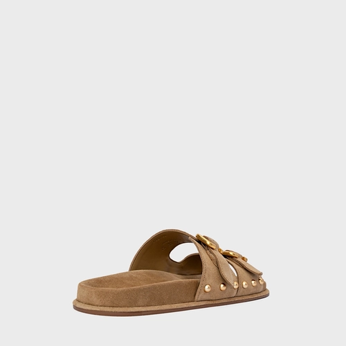 Flat Papete Birken Statement Studs Couro Suede Bege Almond