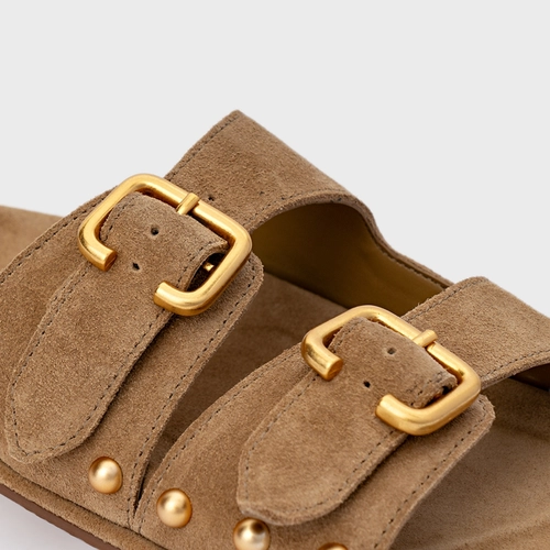 Flat Papete Birken Statement Studs Couro Suede Bege Almond