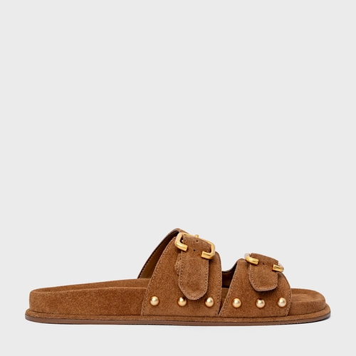 Flat Papete Birken Statement Studs Couro Suede Marrom Saddle