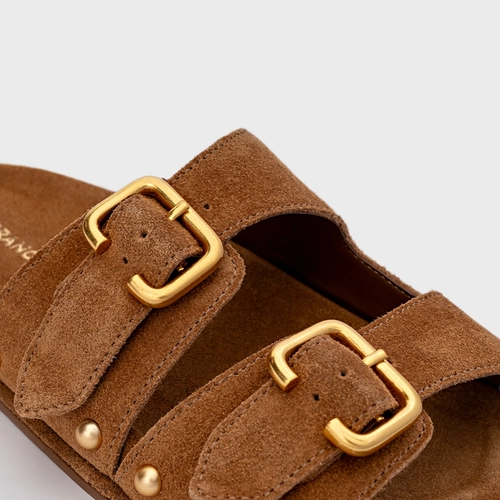 Flat Papete Birken Statement Studs Couro Suede Marrom Saddle