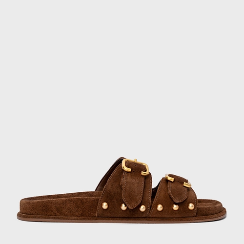 Flat Papete Birken Statement Studs Couro Suede Marrom Brownie