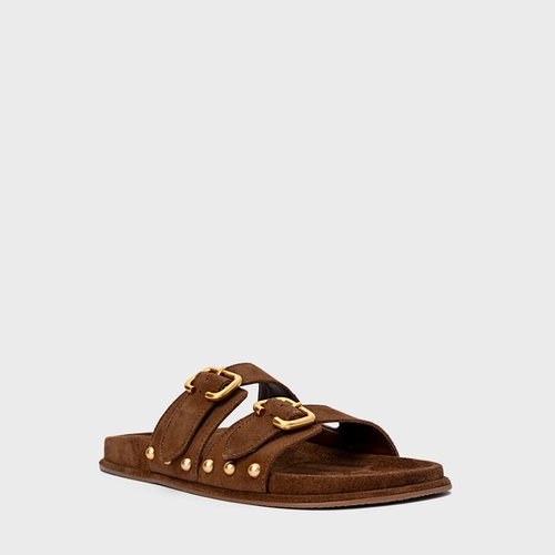 Flat Papete Birken Statement Studs Couro Suede Marrom Brownie