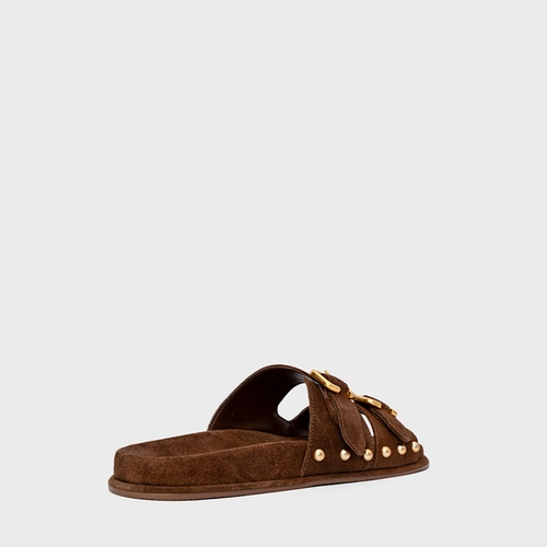 Flat Papete Birken Statement Studs Couro Suede Marrom Brownie