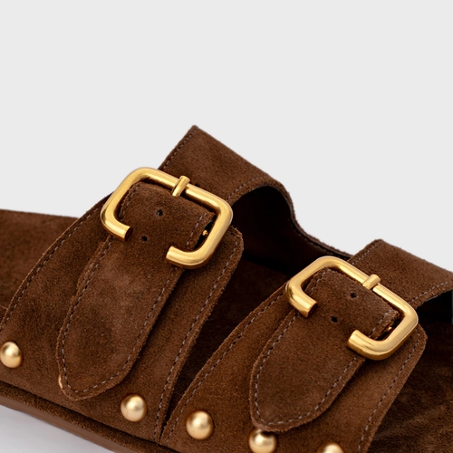 Flat Papete Birken Statement Studs Couro Suede Marrom Brownie