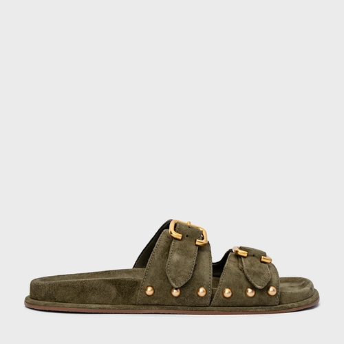 Flat Papete Birken Statement Studs Couro Suede Verde Army Green