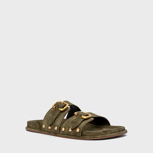 Flat Papete Birken Statement Studs Couro Suede Verde Army Green
