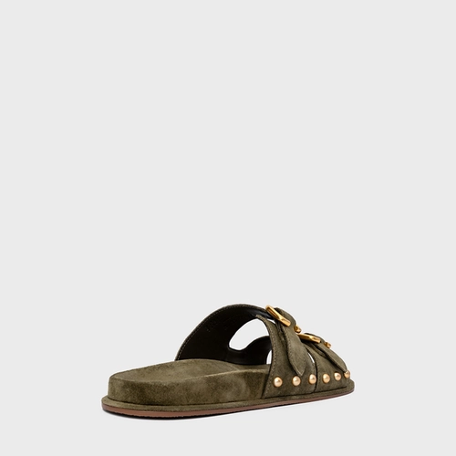 Flat Papete Birken Statement Studs Couro Suede Verde Army Green