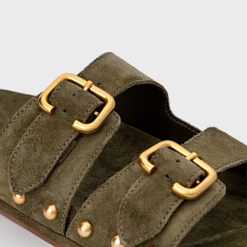 Flat Papete Birken Statement Studs Couro Suede Verde Army Green