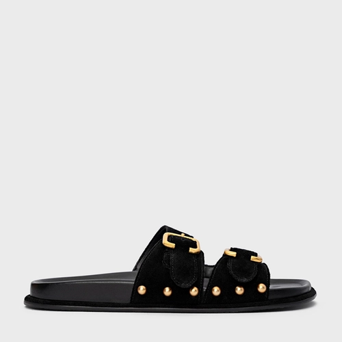 Flat Papete Birken Statement Studs Couro Suede Preto