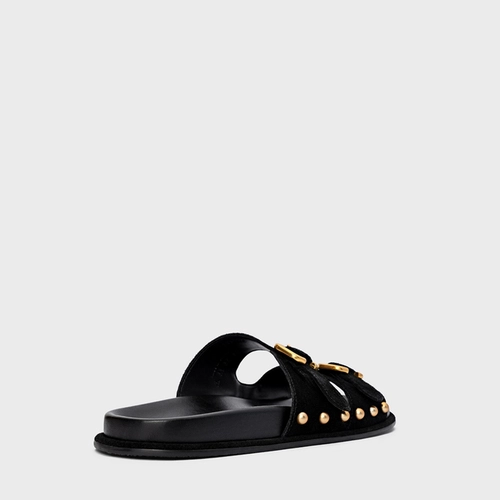 Flat Papete Birken Statement Studs Couro Suede Preto