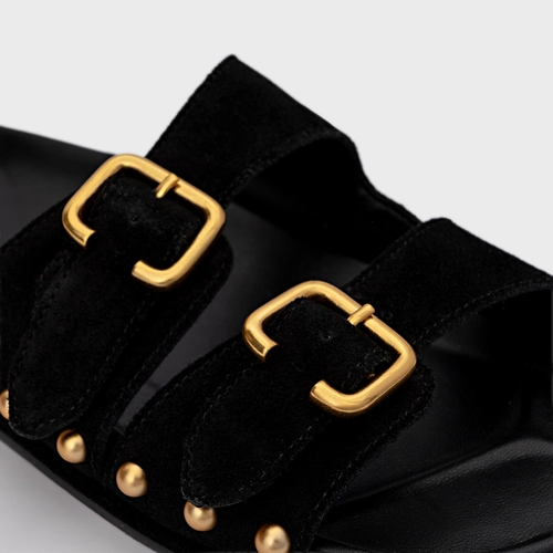 Flat Papete Birken Statement Studs Couro Suede Preto