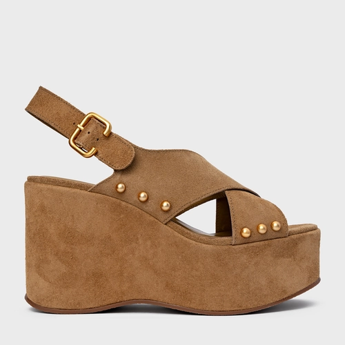 Sandália Tiras Statements Studs Maxi Anabela Bege Almond