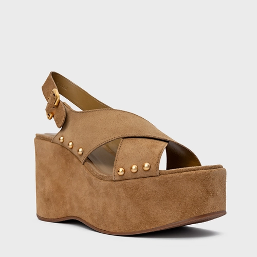 Sandália Tiras Statements Studs Maxi Anabela Bege Almond