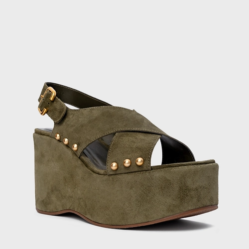 Sandália Tiras Statements Studs Maxi Anabela Verde Army Green