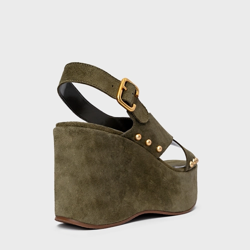 Sandália Tiras Statements Studs Maxi Anabela Verde Army Green