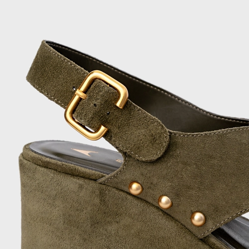 Sandália Tiras Statements Studs Maxi Anabela Verde Army Green