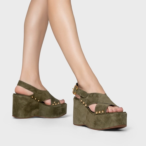 Sandália Tiras Statements Studs Maxi Anabela Verde Army Green