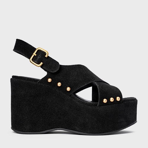 Sandália Tiras Statements Studs Maxi Anabela Preto