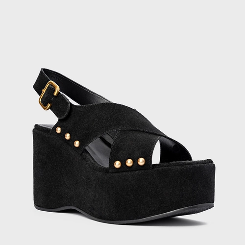 Sandália Tiras Statements Studs Maxi Anabela Preto