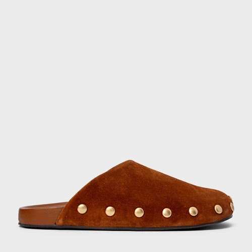 Mule Clog Statement Studs Couro Suede Marrom Ferrugem