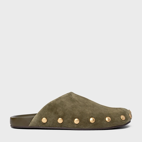Mule Clog Statement Studs Couro Suede Verde Army Green