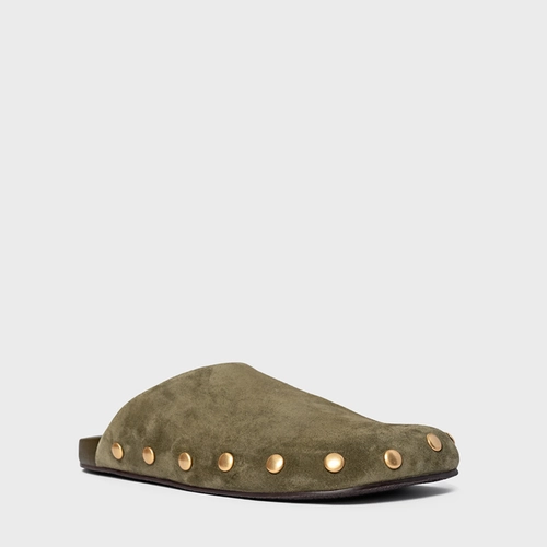 Mule Clog Statement Studs Couro Suede Verde Army Green