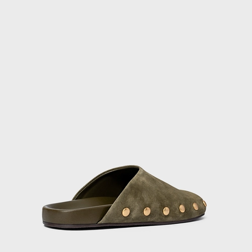 Mule Clog Statement Studs Couro Suede Verde Army Green