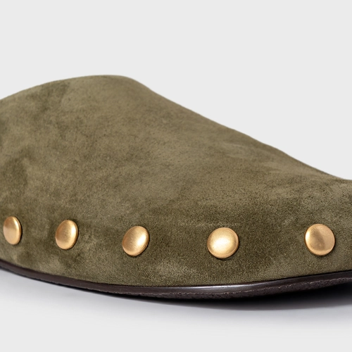 Mule Clog Statement Studs Couro Suede Verde Army Green