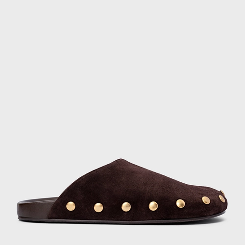 Mule Clog Statement Studs Couro Suede Marrom Ganache