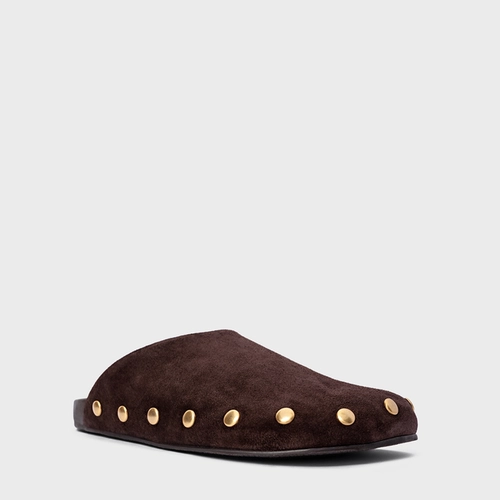 Mule Clog Statement Studs Couro Suede Marrom Ganache