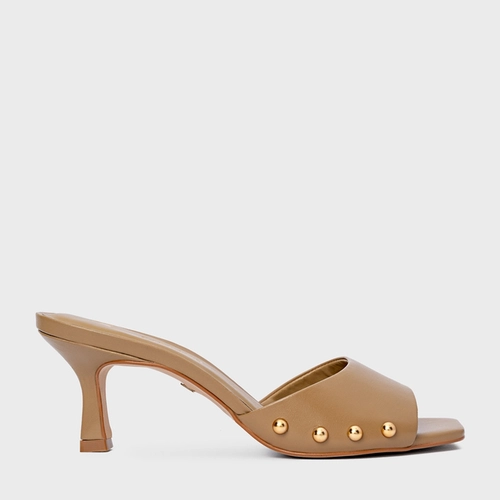 Open Mule Statement Studs Salto Fino Couro Bege Almond