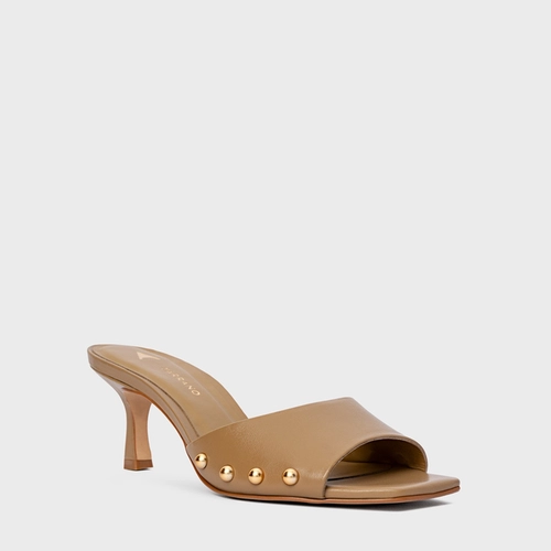 Open Mule Statement Studs Salto Fino Couro Bege Almond