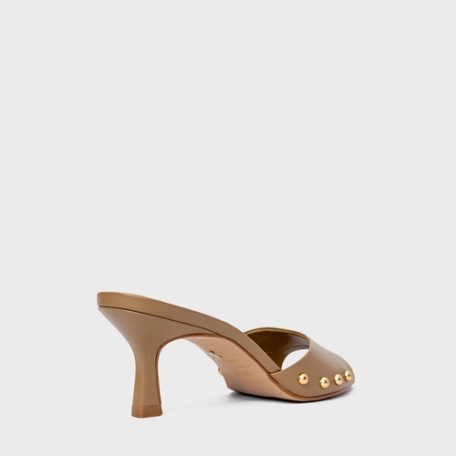 Open Mule Statement Studs Salto Fino Couro Bege Almond