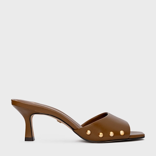 Open Mule Statement Studs Salto Fino Couro Marrom Saddle