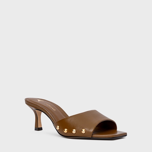 Open Mule Statement Studs Salto Fino Couro Marrom Saddle