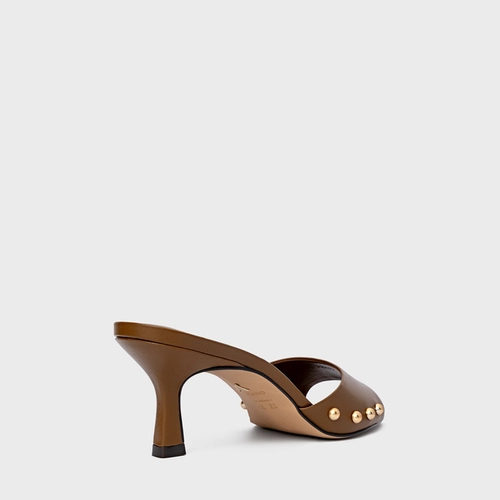 Open Mule Statement Studs Salto Fino Couro Marrom Saddle