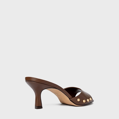 Open Mule Statement Studs Salto Fino Couro Marrom Brownie