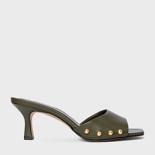 Open Mule Statement Studs Salto Fino Couro Verde Herb