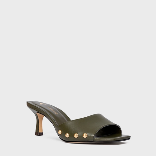 Open Mule Statement Studs Salto Fino Couro Verde Herb