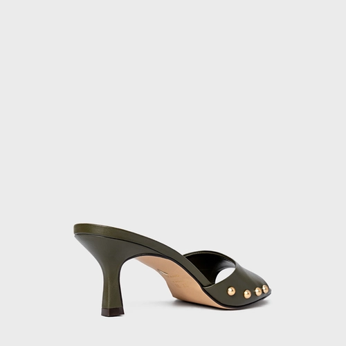 Open Mule Statement Studs Salto Fino Couro Verde Herb