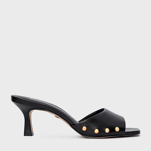 Open Mule Statement Studs Salto Fino Couro Preto