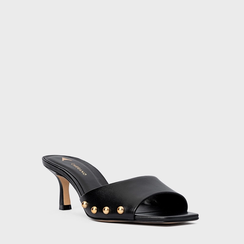 Open Mule Statement Studs Salto Fino Couro Preto