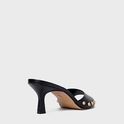 Open Mule Statement Studs Salto Fino Couro Preto