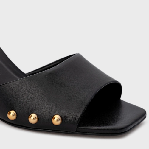 Open Mule Statement Studs Salto Fino Couro Preto