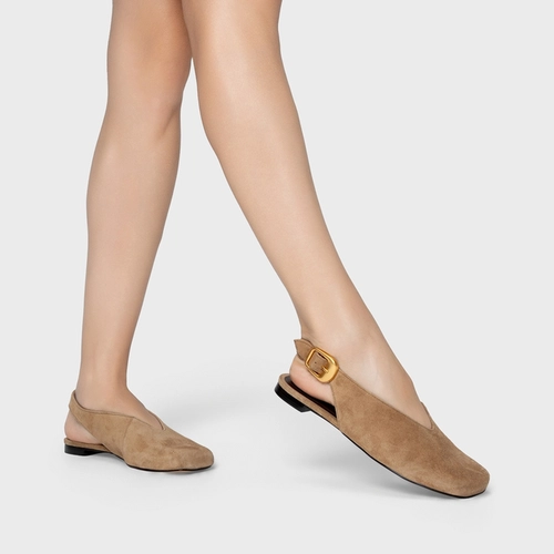 Sapatilha Slingback Buckle Couro Suede Bege Almond
