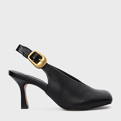 Scarpin Slingback Buckle Salto Fino Couro Preto