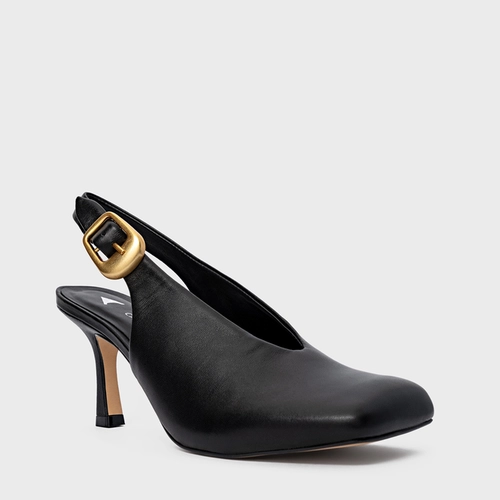 Scarpin Slingback Buckle Salto Fino Couro Preto